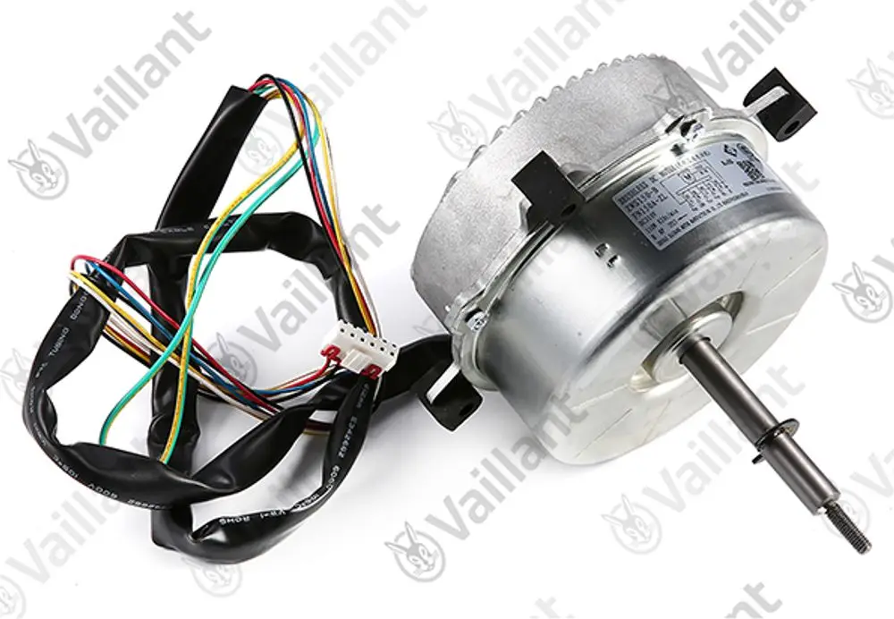 Vaillant Elektromotor mit mehreren farbigen Anschlussdrähten. Der Motor ist rund und aus Metall, mit einer Welle auf einer Seite.